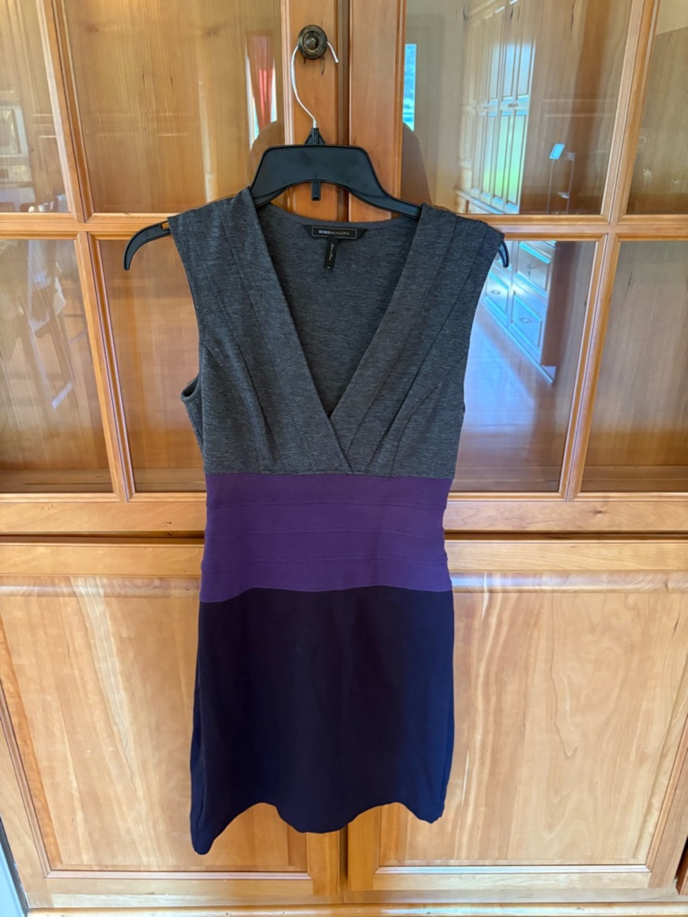 BCBGMaxAzria Gray, Purple and Navy Colorblock V-Neck Sheath Dress
